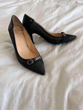 GUESS Women's Black Leather and Dark Wash Denim Pointed Toe Heels